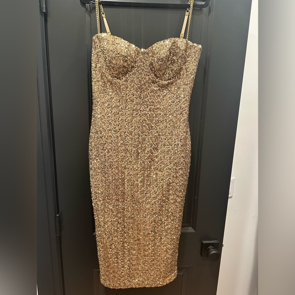 Gold sequin Nadine Merabi mid length dress (2023)